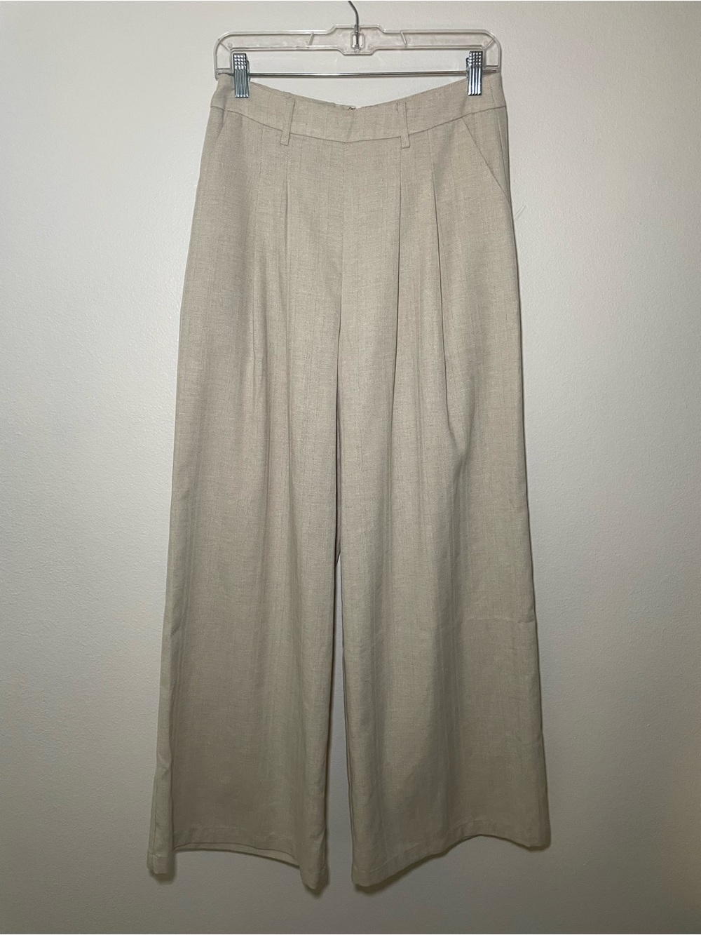 NWT COMMENSE Linen Blend Wide Leg Pants M Khaki Pleated Herringbone - Picture 2 of 9